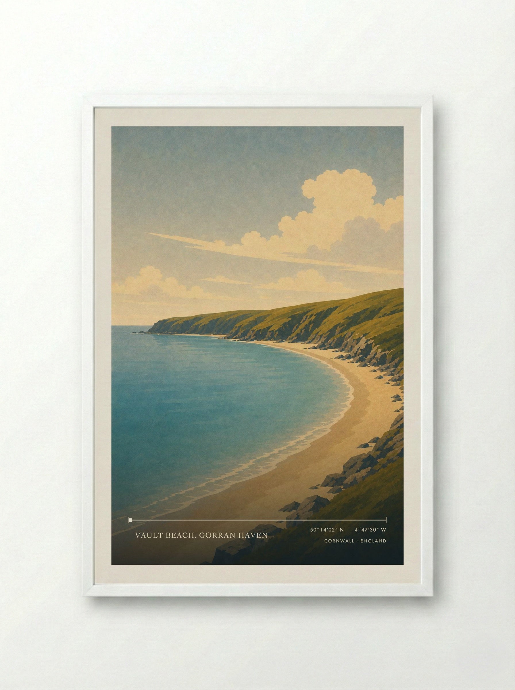 Vault Beach, Gorran Haven Cornwall England Travel Poster - Framed Print White