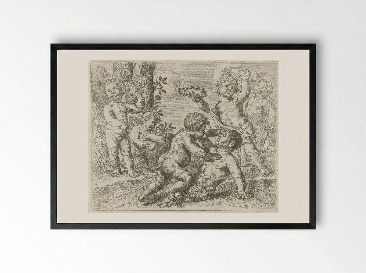 Vechtende putti - Pieter van Lint - Framed Print Black