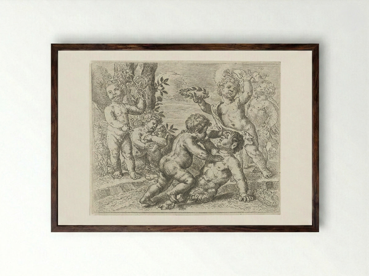Vechtende putti - Pieter van Lint - Framed Print Dark Wood