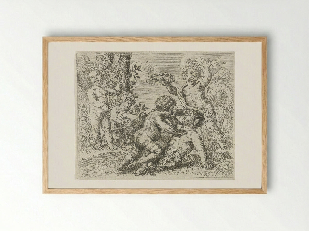 Vechtende putti - Pieter van Lint - Framed Print Wood