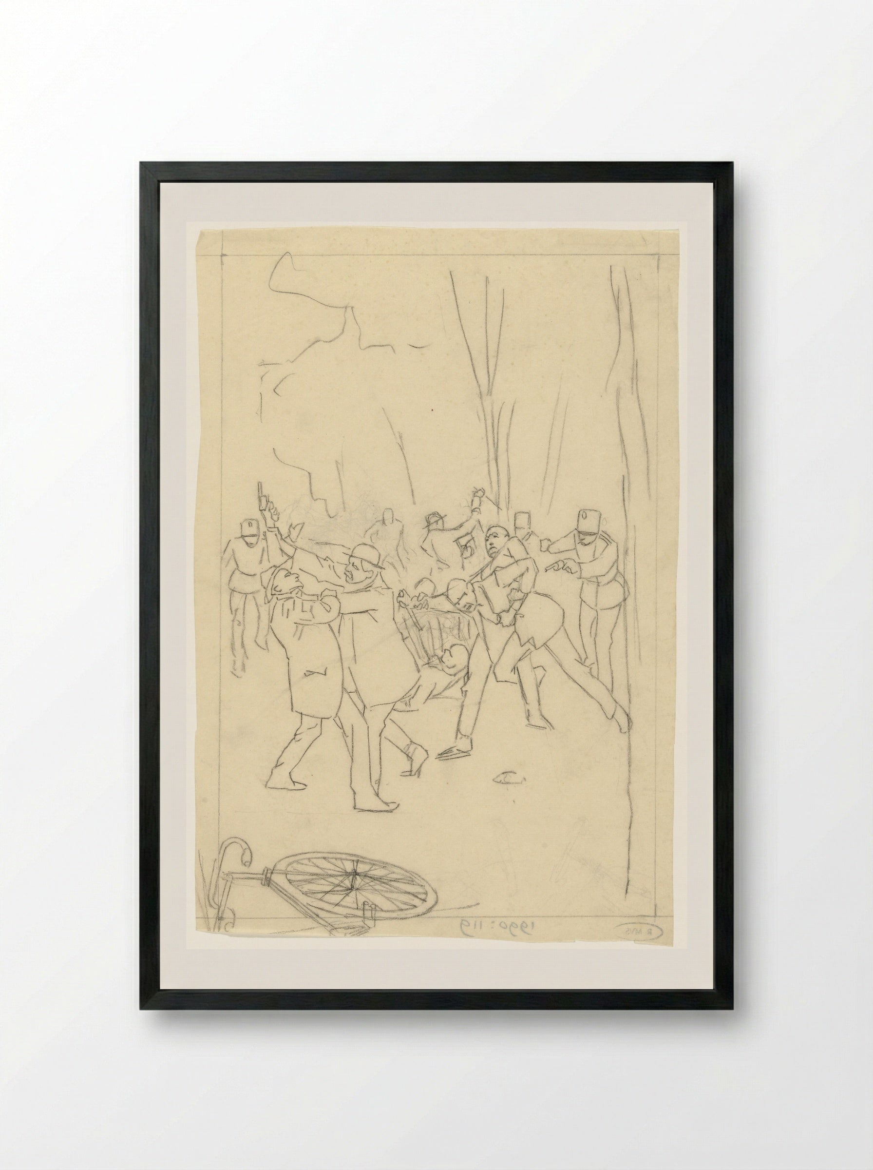 Vechtpartij op straat met toesnellende agenten - Johan Braakensiek - Framed Print Black