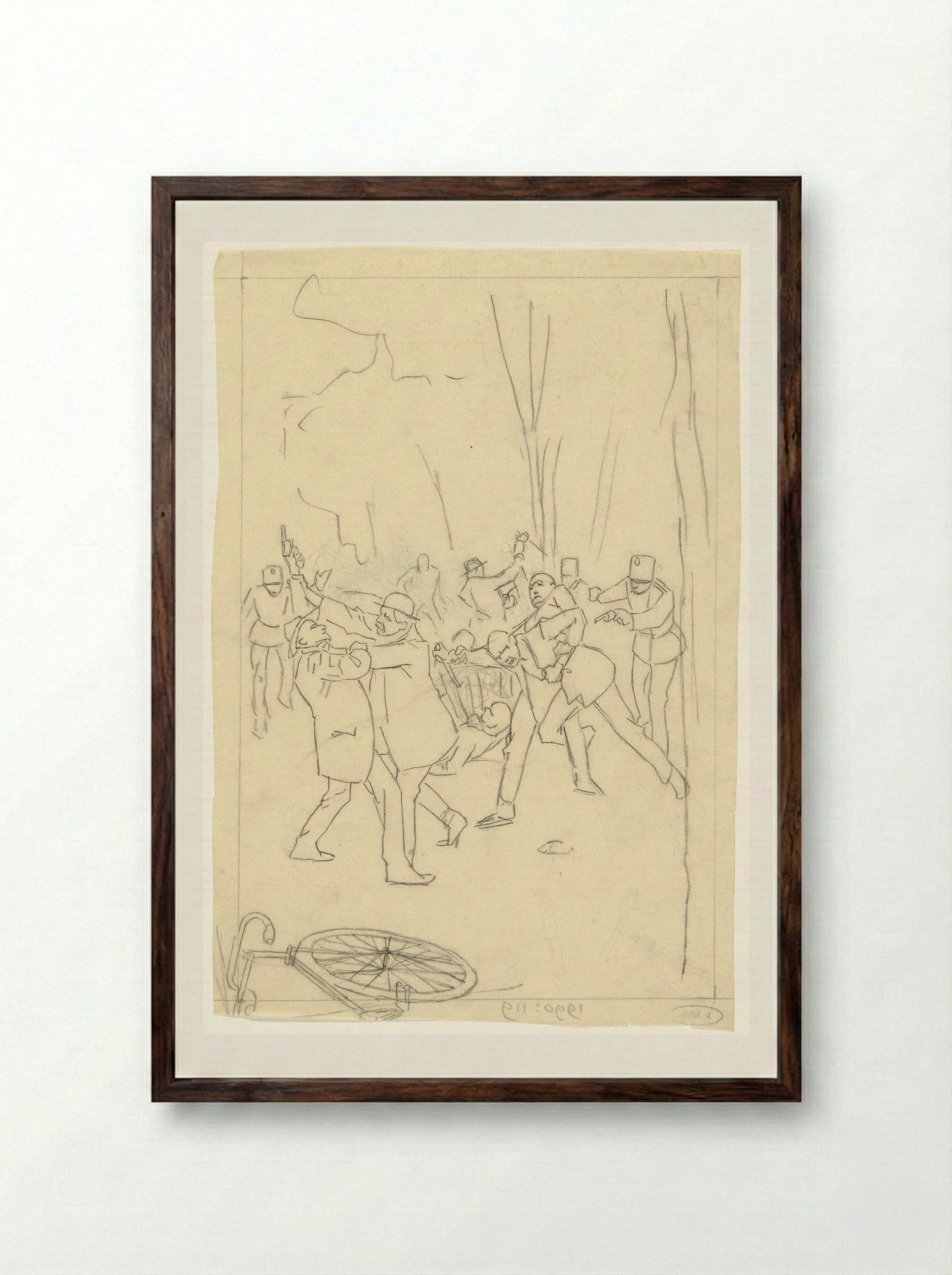 Vechtpartij op straat met toesnellende agenten - Johan Braakensiek - Framed Print Dark Wood