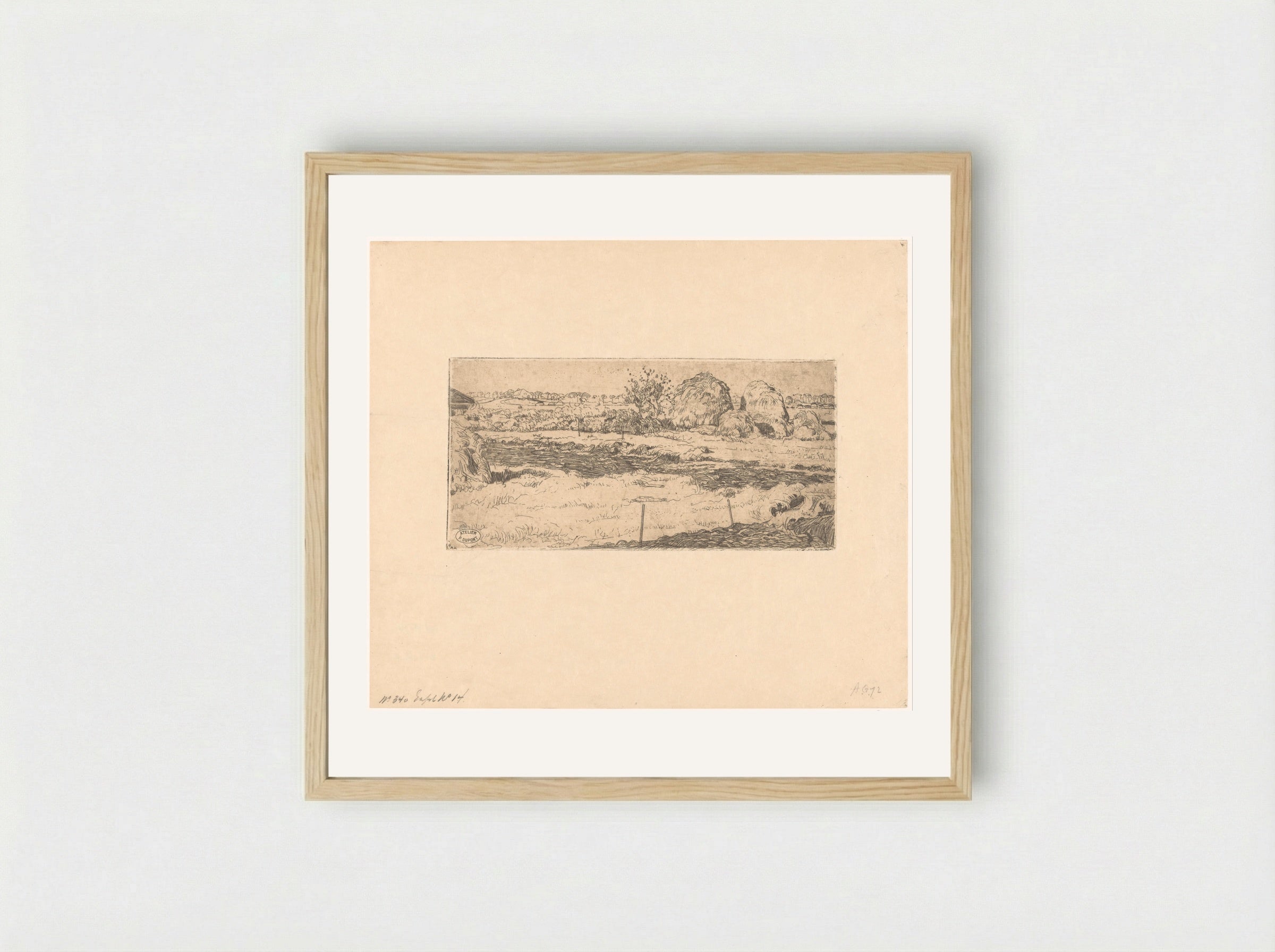 Veld met hooioppers (Field with Haystacks) - Pieter Dupont - Framed Print Wood