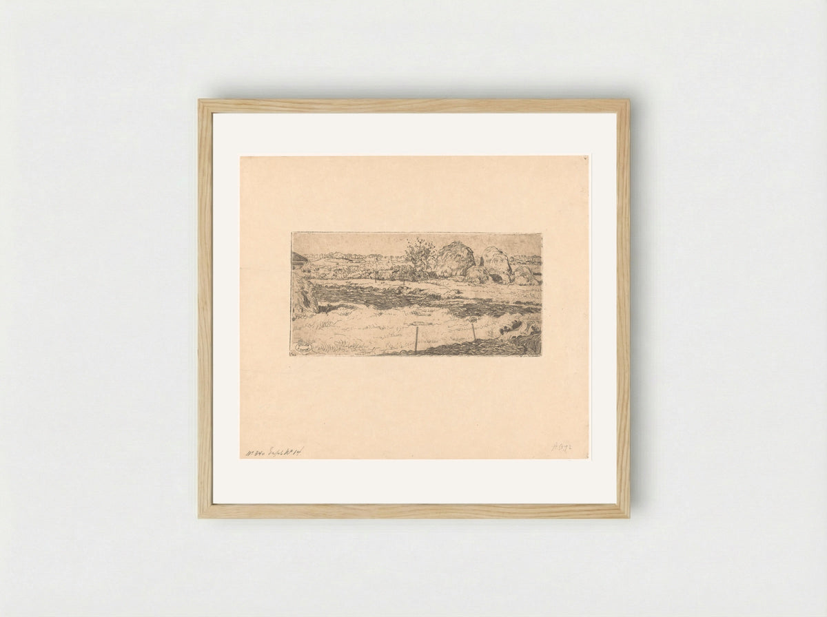 Veld met hooioppers (Field with Haystacks) - Pieter Dupont - Framed Print Wood