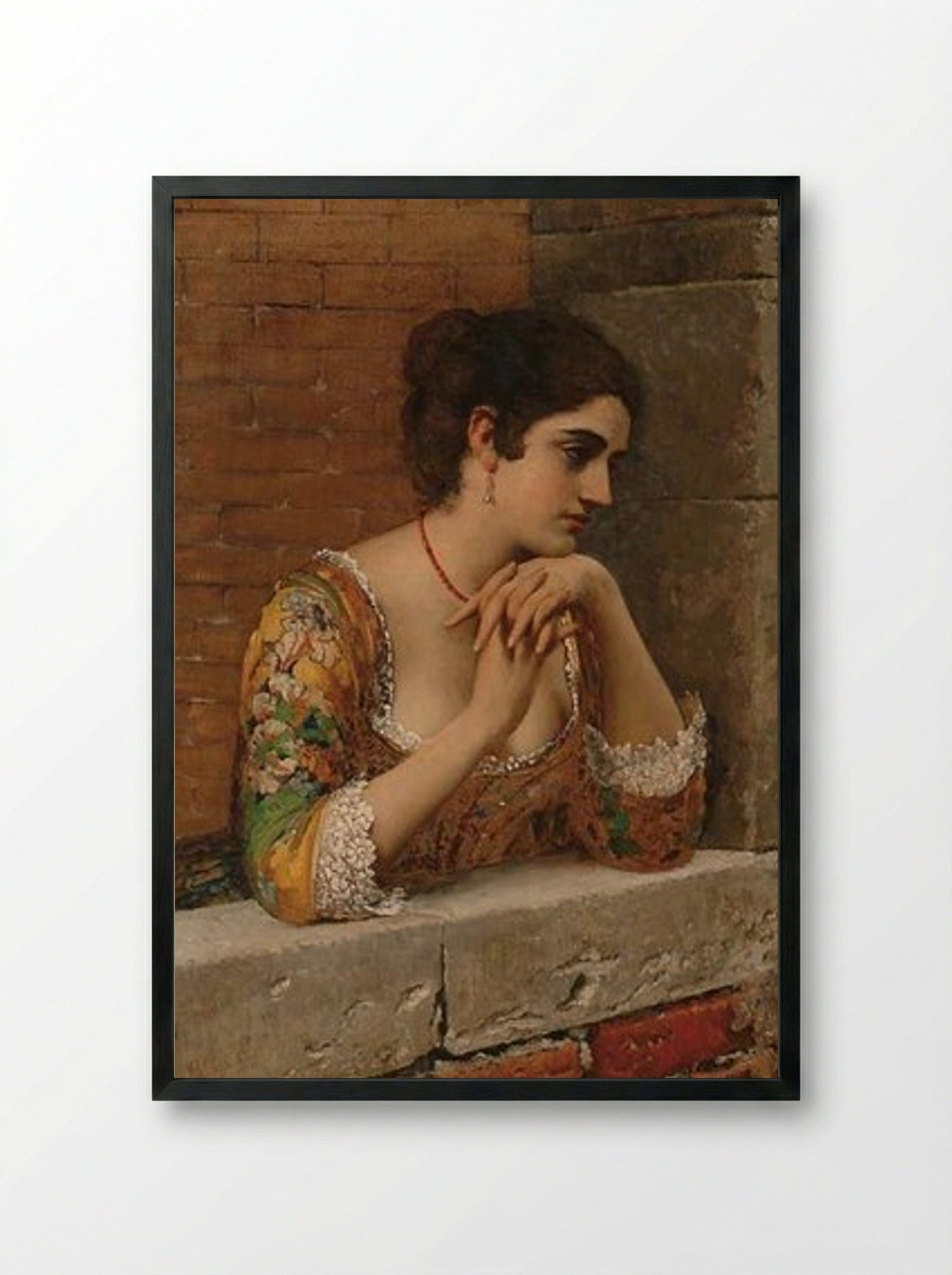 Venetian Beauty on Balcony - Eugene de Blaas - Framed Print Black