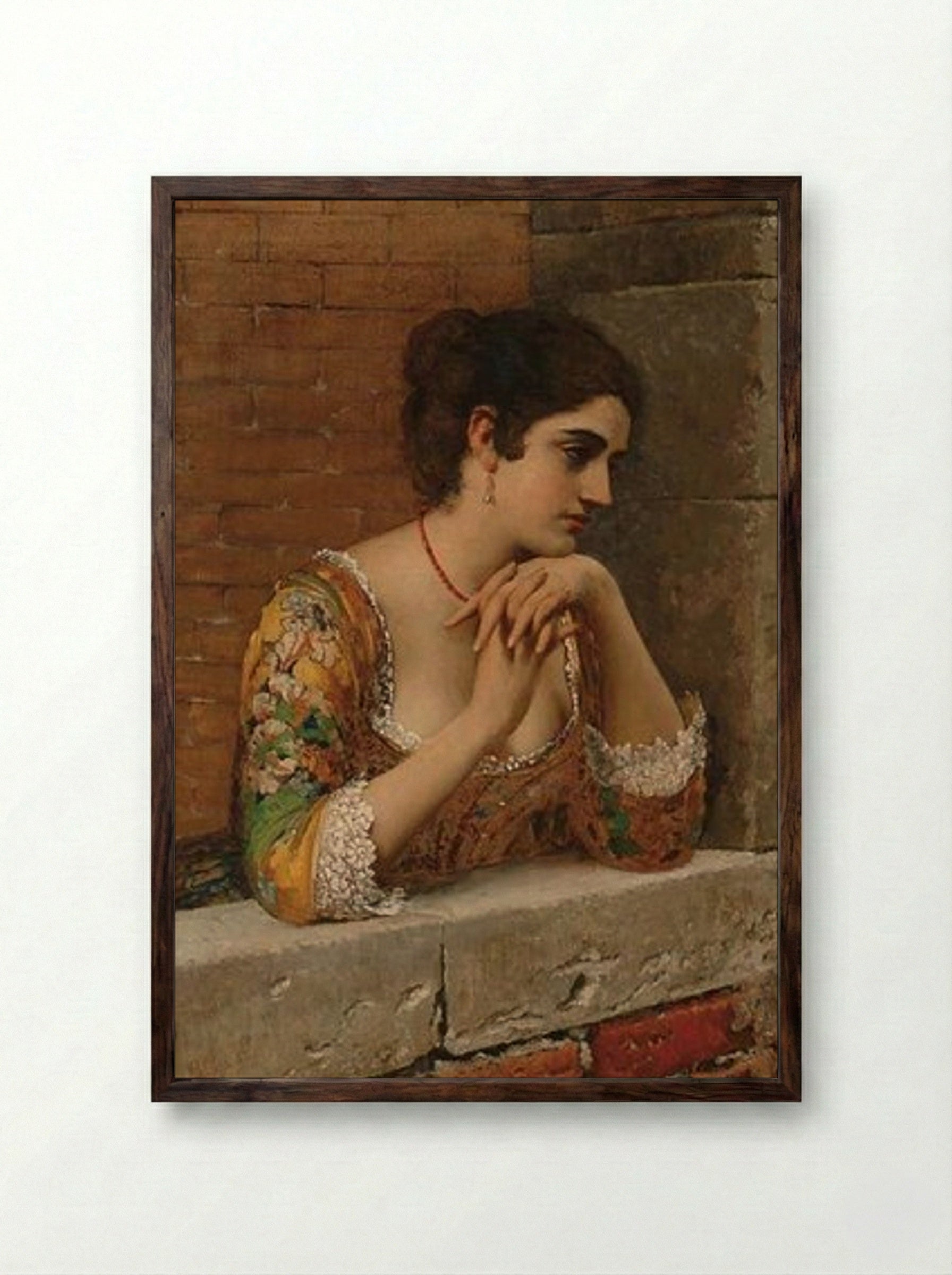 Venetian Beauty on Balcony - Eugene de Blaas - Framed Print Dark Wood
