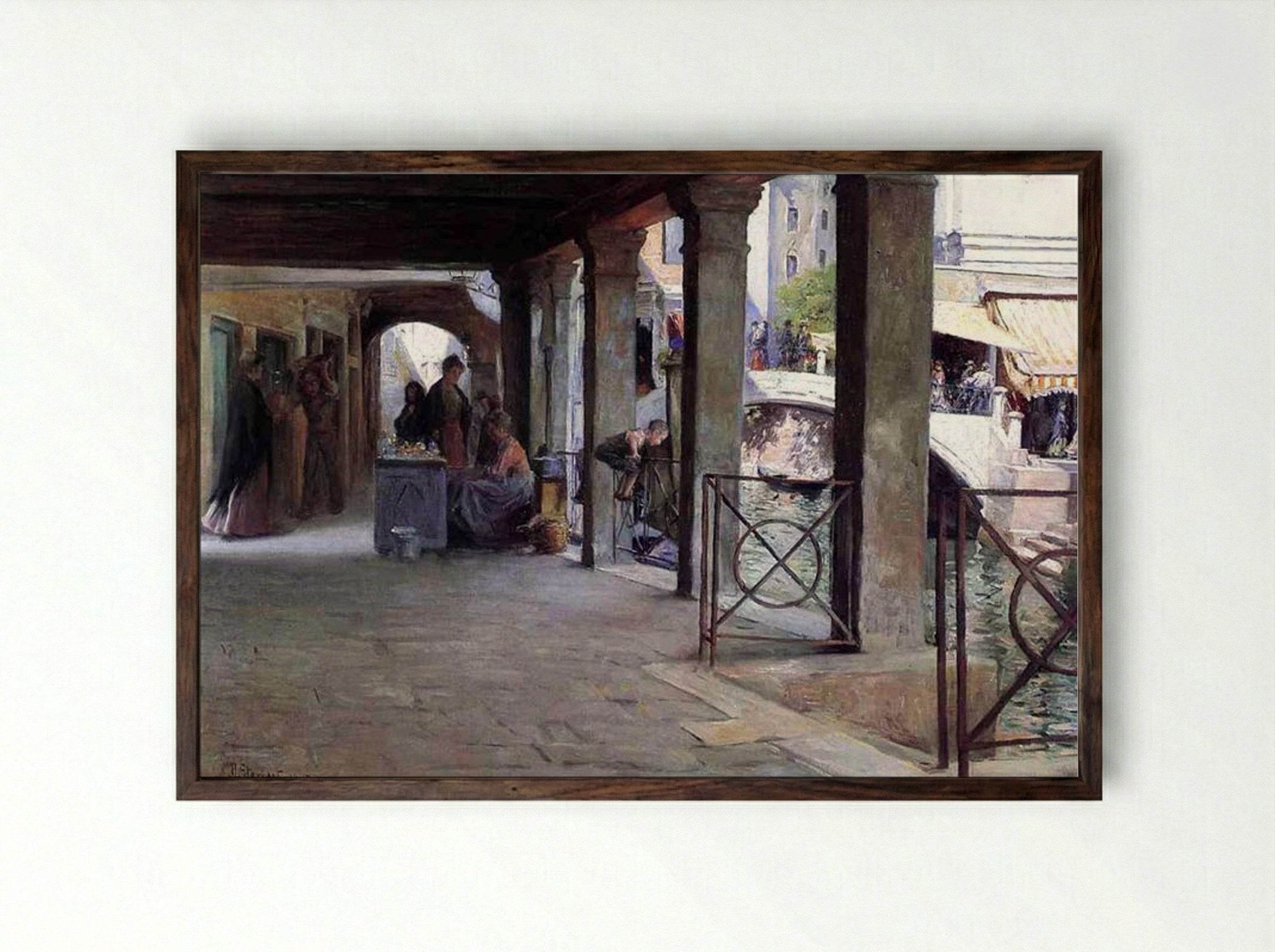 Venetian Market Scene - Julius LeBlanc Stewart - Framed Print Dark Wood