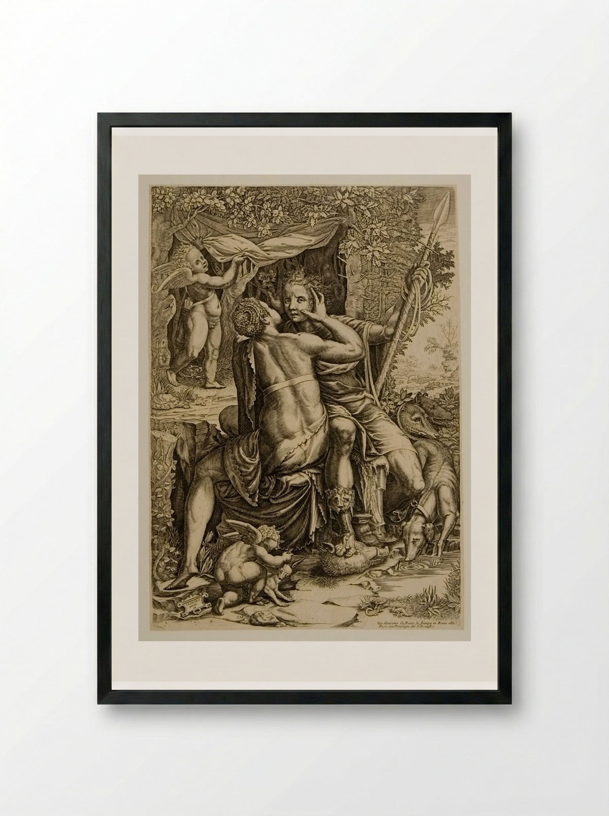 Venus Embracing Adonis After The Chase - Giorgio Ghisi - Framed Print Black