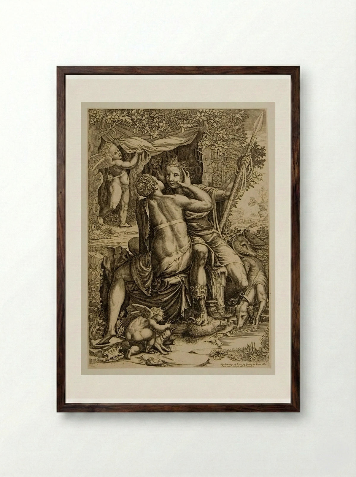 Venus Embracing Adonis After The Chase - Giorgio Ghisi - Framed Print Dark Wood