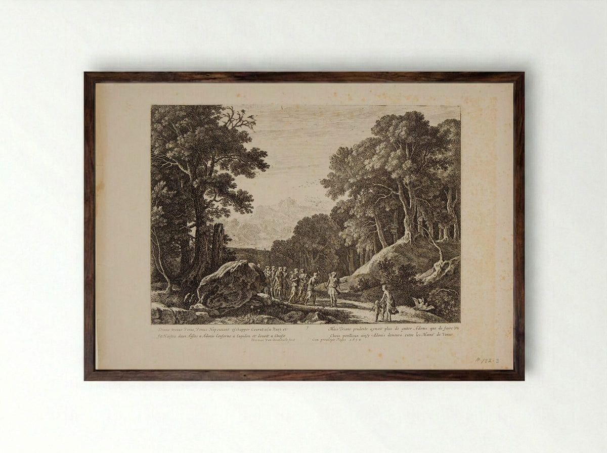 Venus Presents to Diana Cupid and the Young Adonis - Herman van Swanevelt - Framed Print Dark Wood