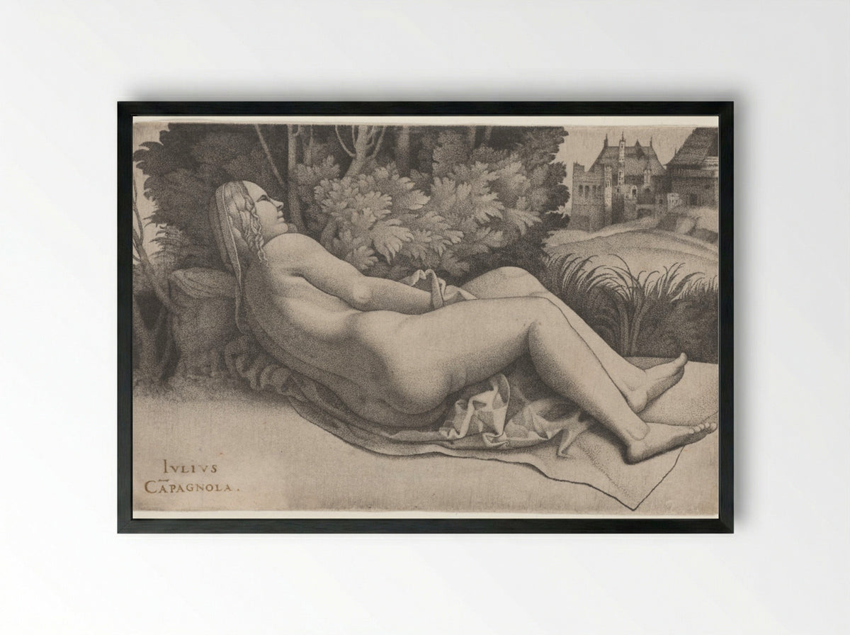 Venus Reclining in a Landscape - Giulio Campagnola - Framed Print Black