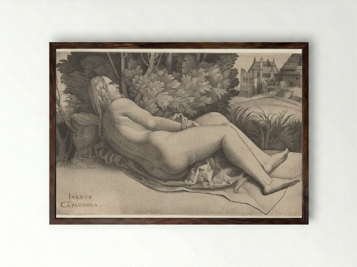 Venus Reclining in a Landscape - Giulio Campagnola - Framed Print Dark Wood