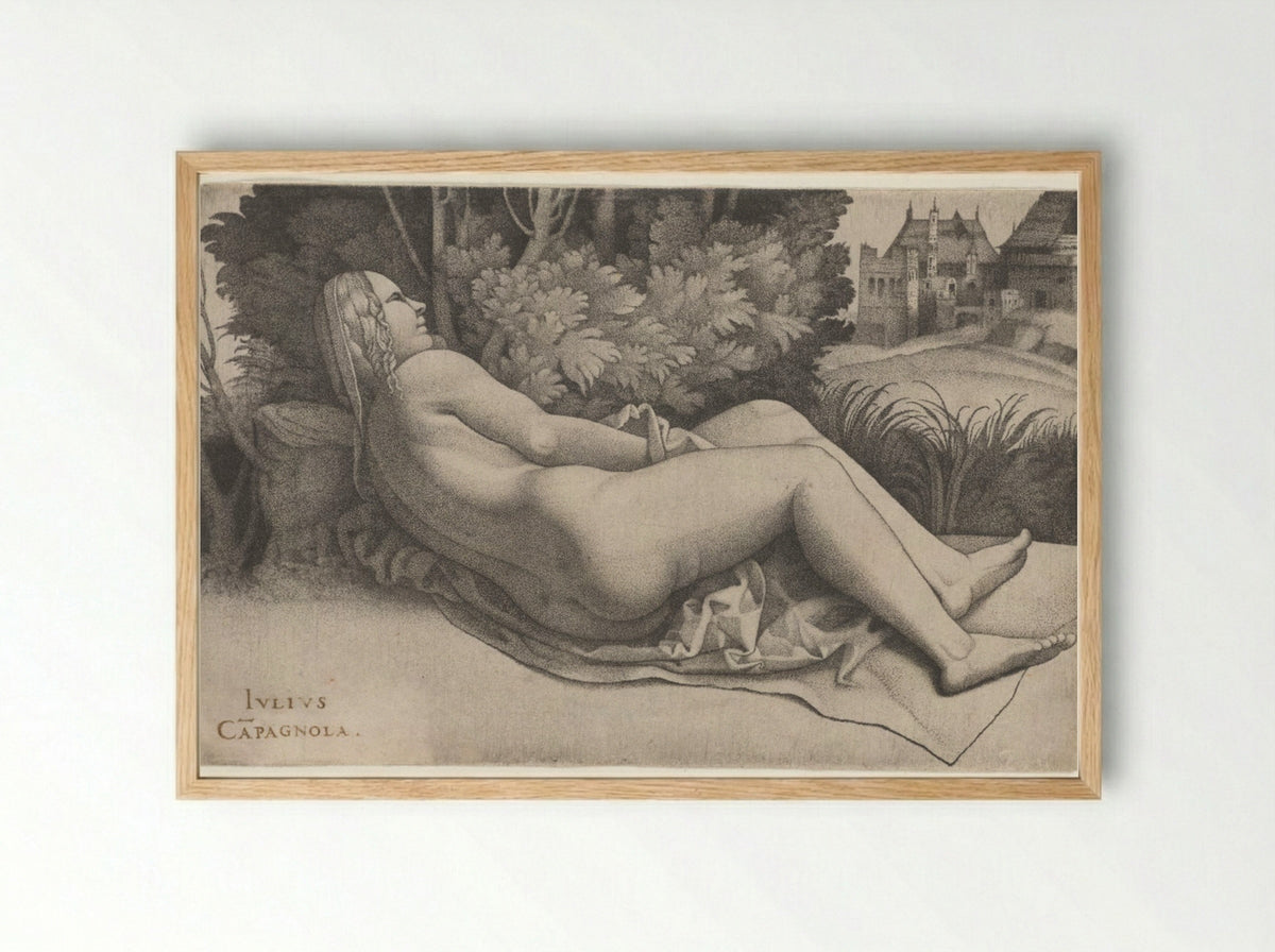 Venus Reclining in a Landscape - Giulio Campagnola - Framed Print Wood