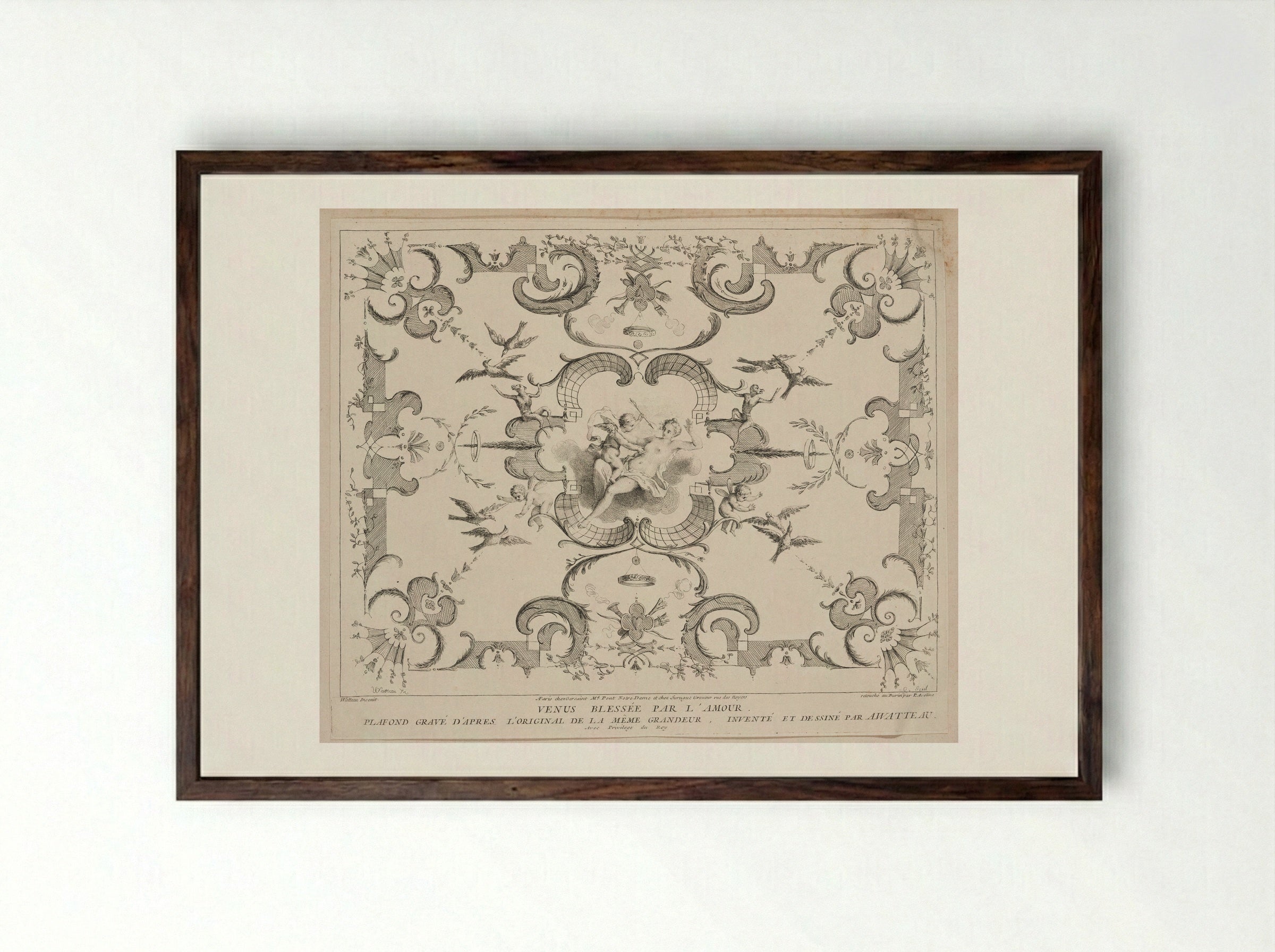 Venus Wounded by Cupid - Anne Claude Philippe de Thubières, comte de Caylus - Framed Print Dark Wood