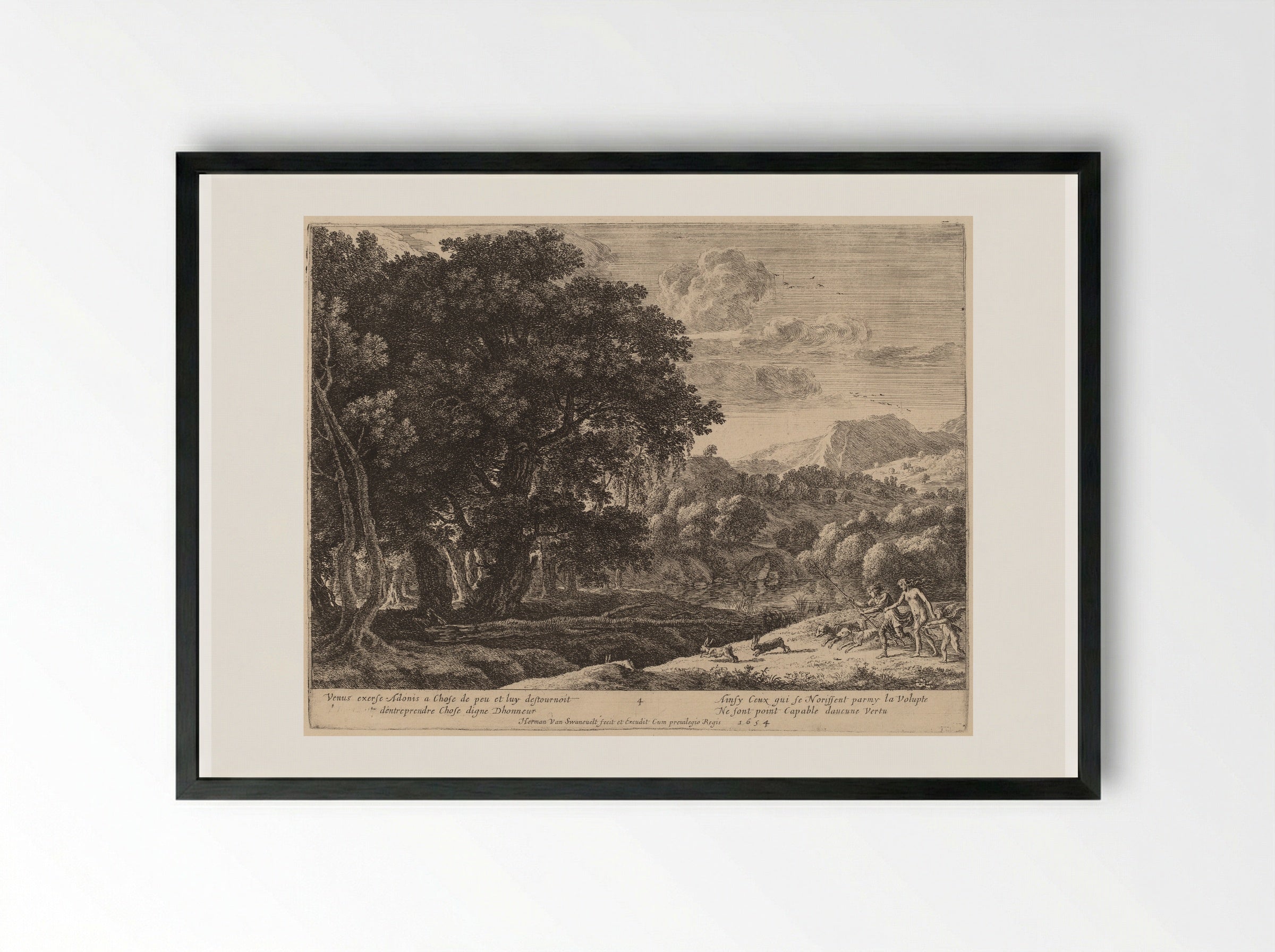 Venus and Adonis Hunting - Herman van Swanevelt - Framed Print Black