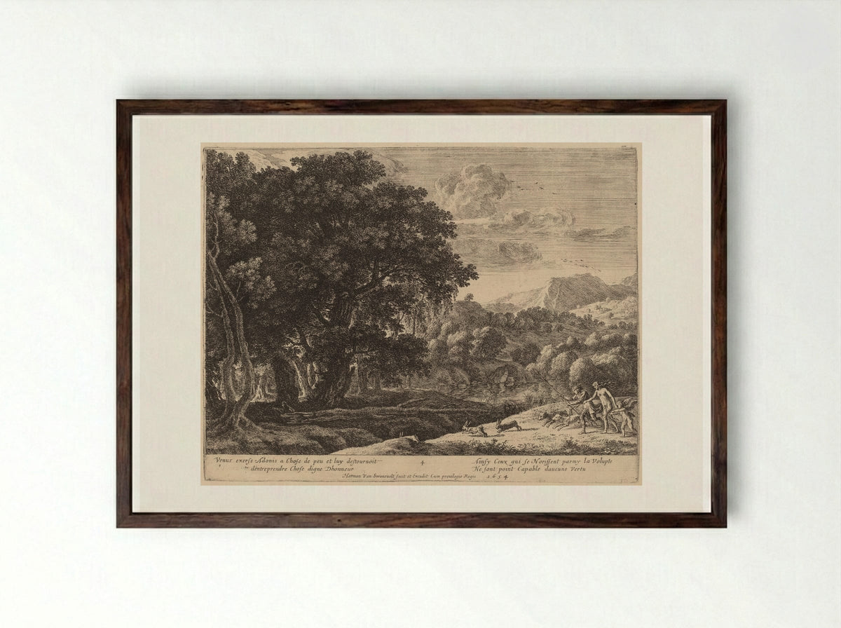 Venus and Adonis Hunting - Herman van Swanevelt - Framed Print Dark Wood