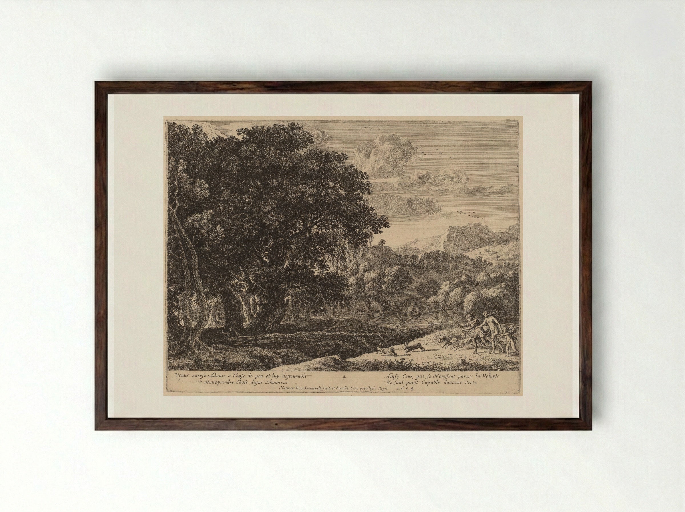 Venus and Adonis Hunting - Herman van Swanevelt - Framed Print Dark Wood
