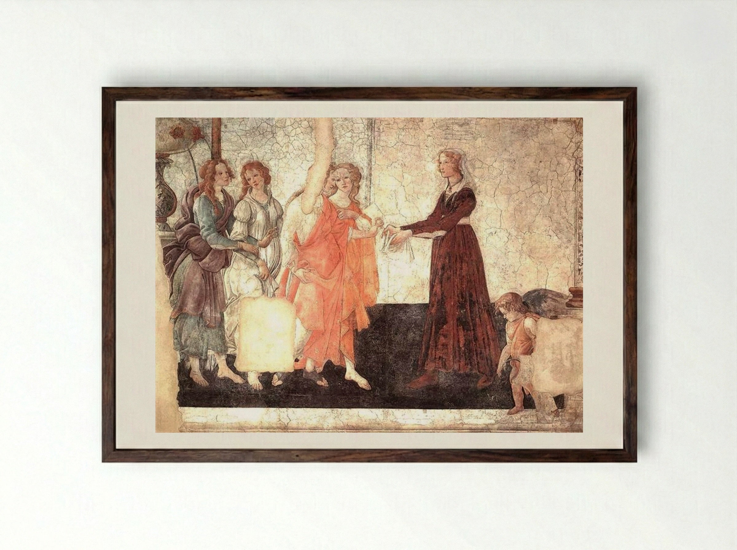 Venus and the Graces offering gifts to a young girl - Sandro Botticelli - Framed Print Dark Wood