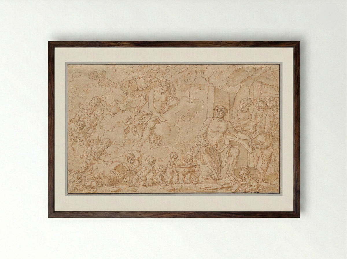 Venus at the Forge of Vulcan - Louis Félix de La Rue - Framed Print Dark Wood