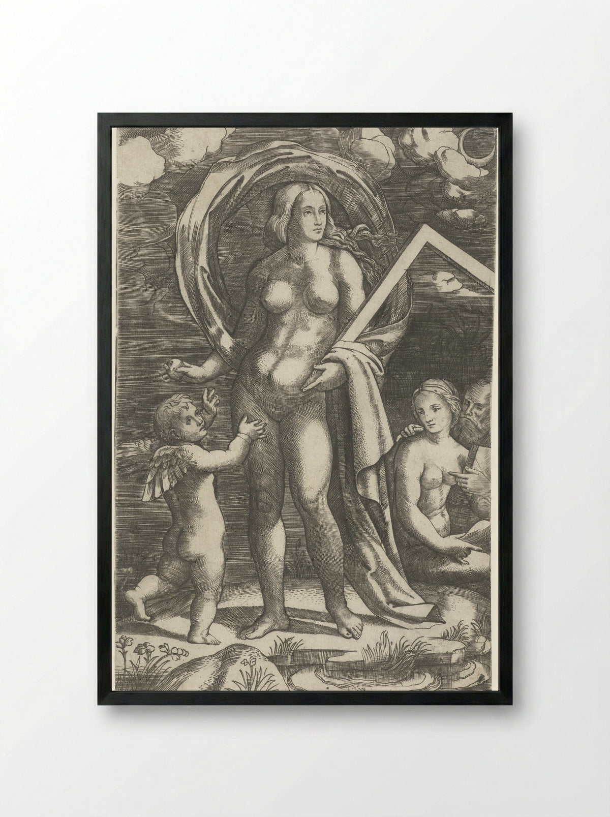 Venus with a Square, Cupid, and a Couple - Giacomo Francia - Framed Print Black