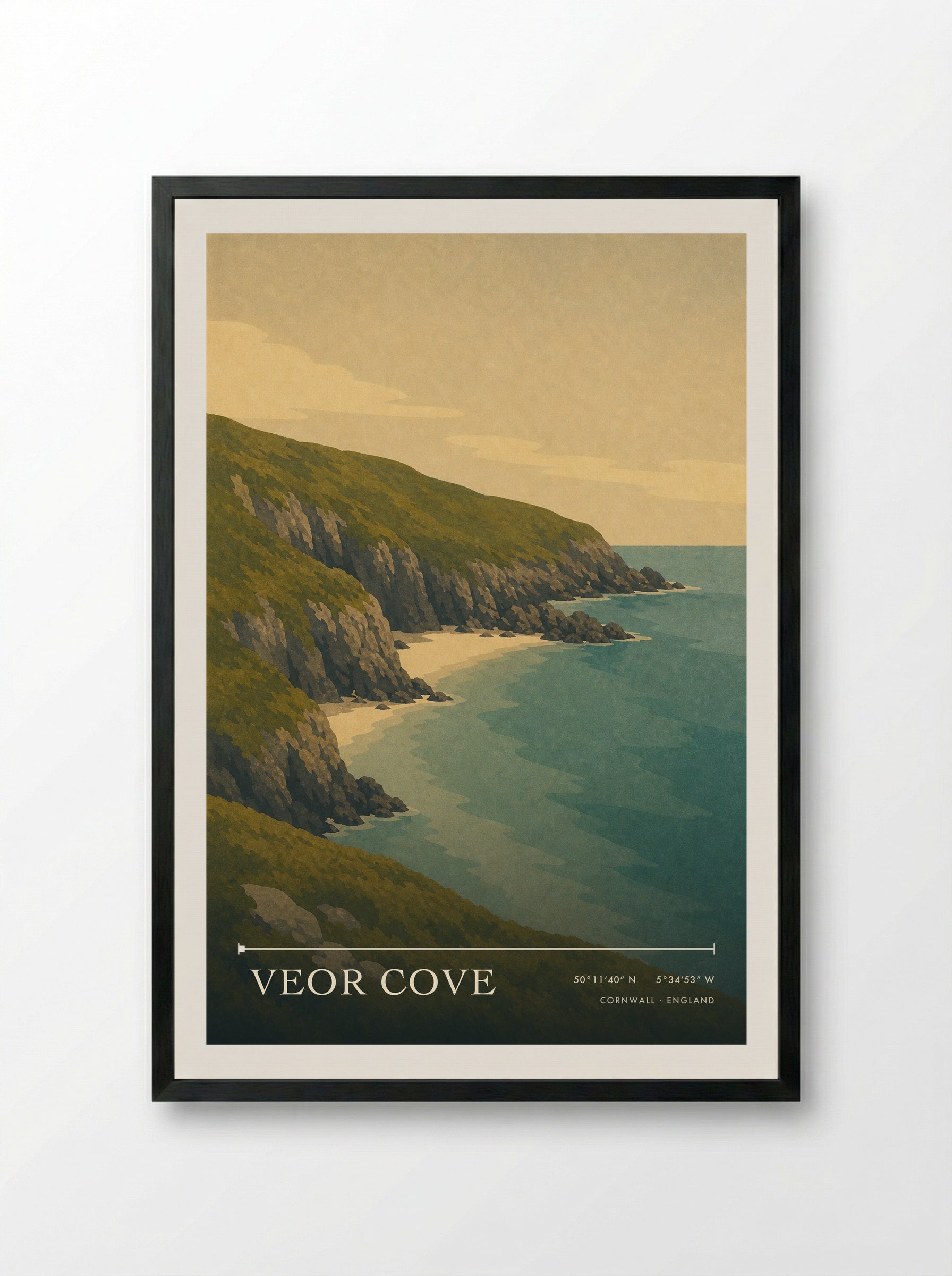 Veor Cove Cornwall England Travel Poster - Framed Print Black
