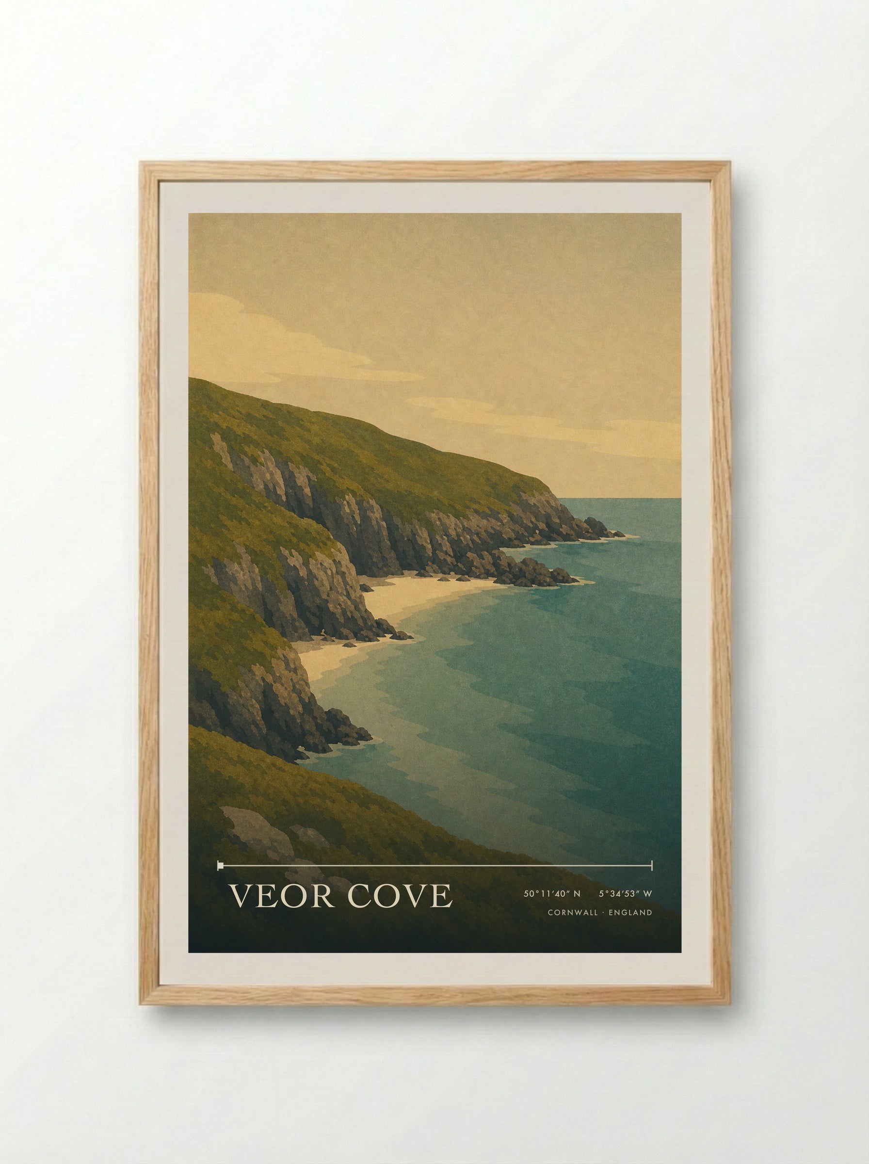 Veor Cove Cornwall England Travel Poster - Framed Print Wood