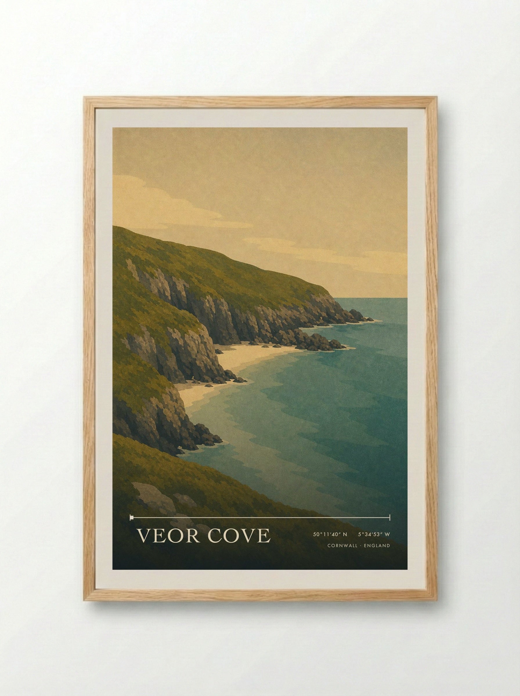 Veor Cove Cornwall England Travel Poster - Framed Print Wood