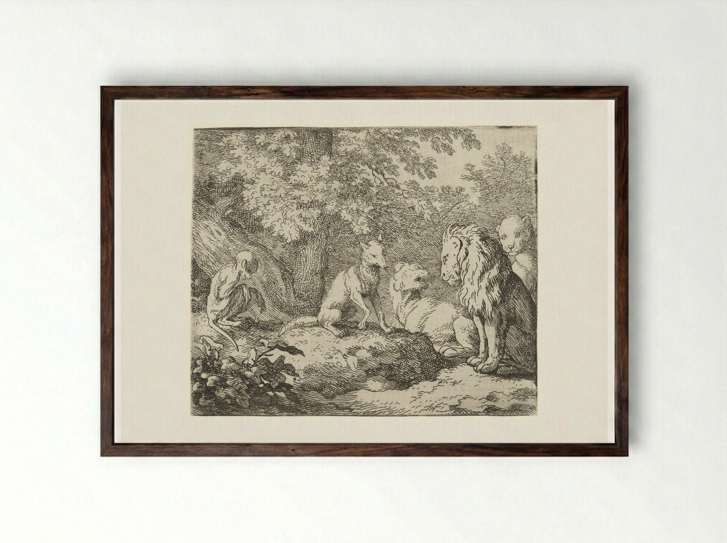 Verdere leugens van Reinaert de vos - Allaert van Everdingen - Framed Print Dark Wood
