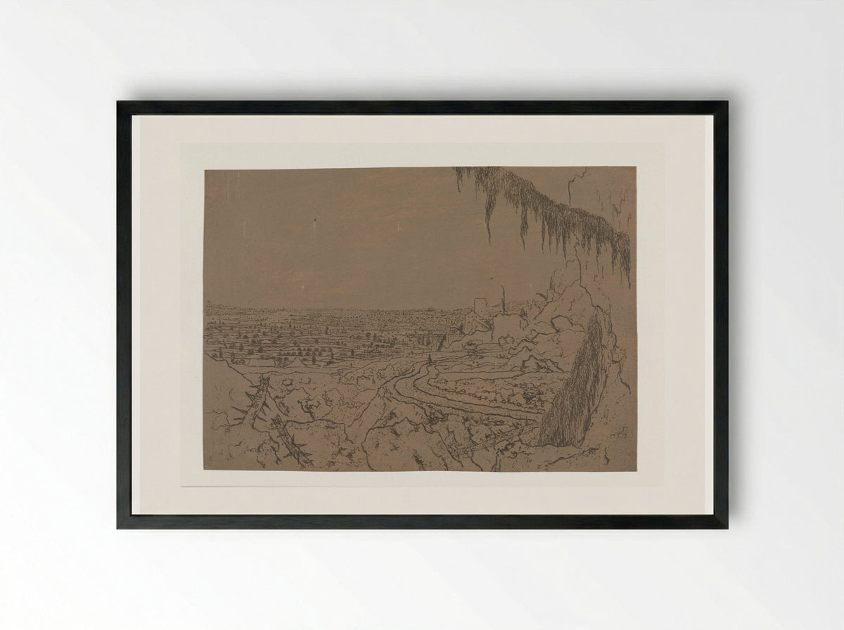 Vergezicht met een weg en bemoste takken - Hercules Segers - Framed Print Black