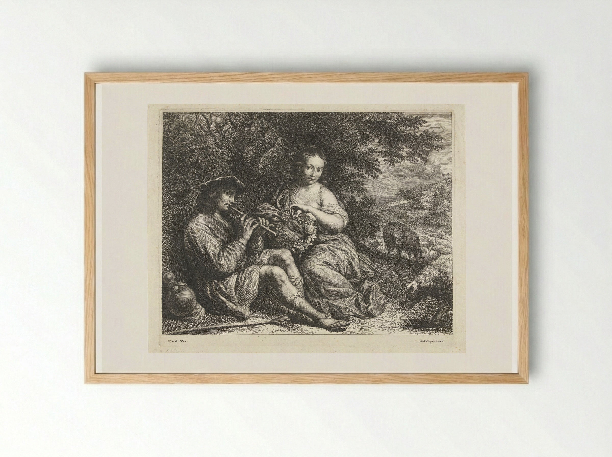 Verliefd herderspaar onder een boom - Abraham Bloteling - Framed Print Wood