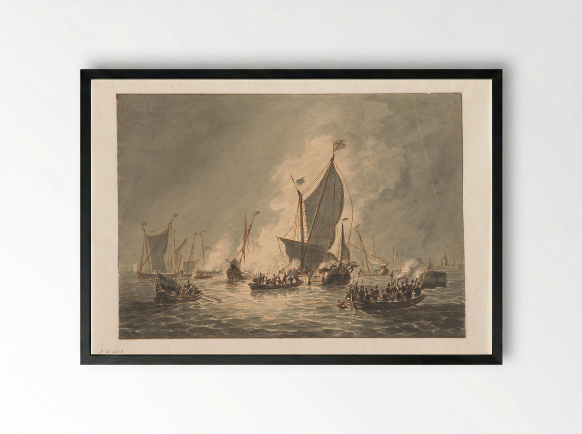 Vernielen en verbranden door de Watergeuzen van de Spaanse schepen bij Den Briel, 1572 - Hendrik Vettewinkel - Framed Print Black