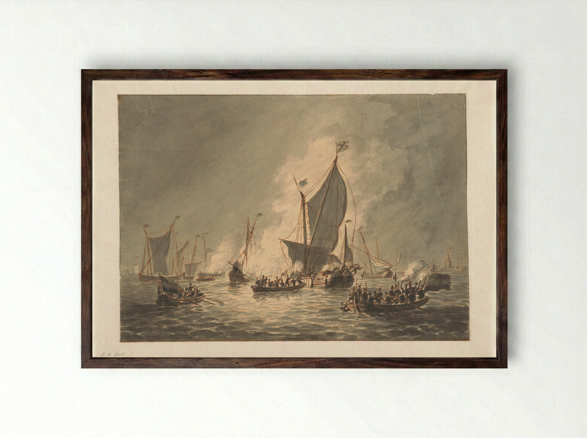 Vernielen en verbranden door de Watergeuzen van de Spaanse schepen bij Den Briel, 1572 - Hendrik Vettewinkel - Framed Print Dark Wood