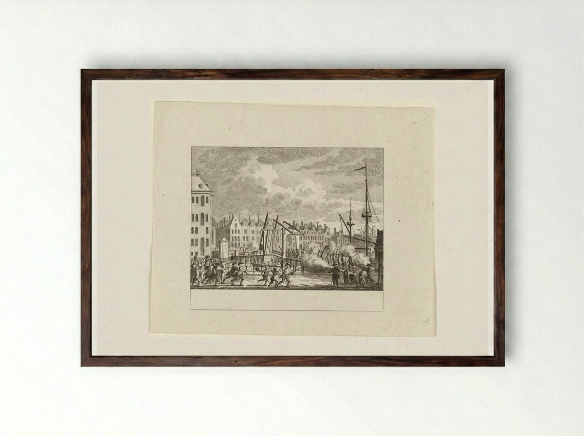 Verovering van de Kattenburgerbrug - Cornelis Brouwer - Framed Print Dark Wood
