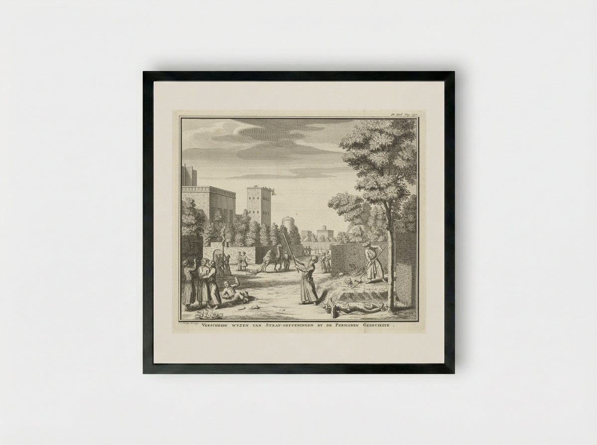 Verscheide wyzen van straf-oeffeningen by de Persianen gebruiklyk - Jan Caspar Philips - Framed Print Black