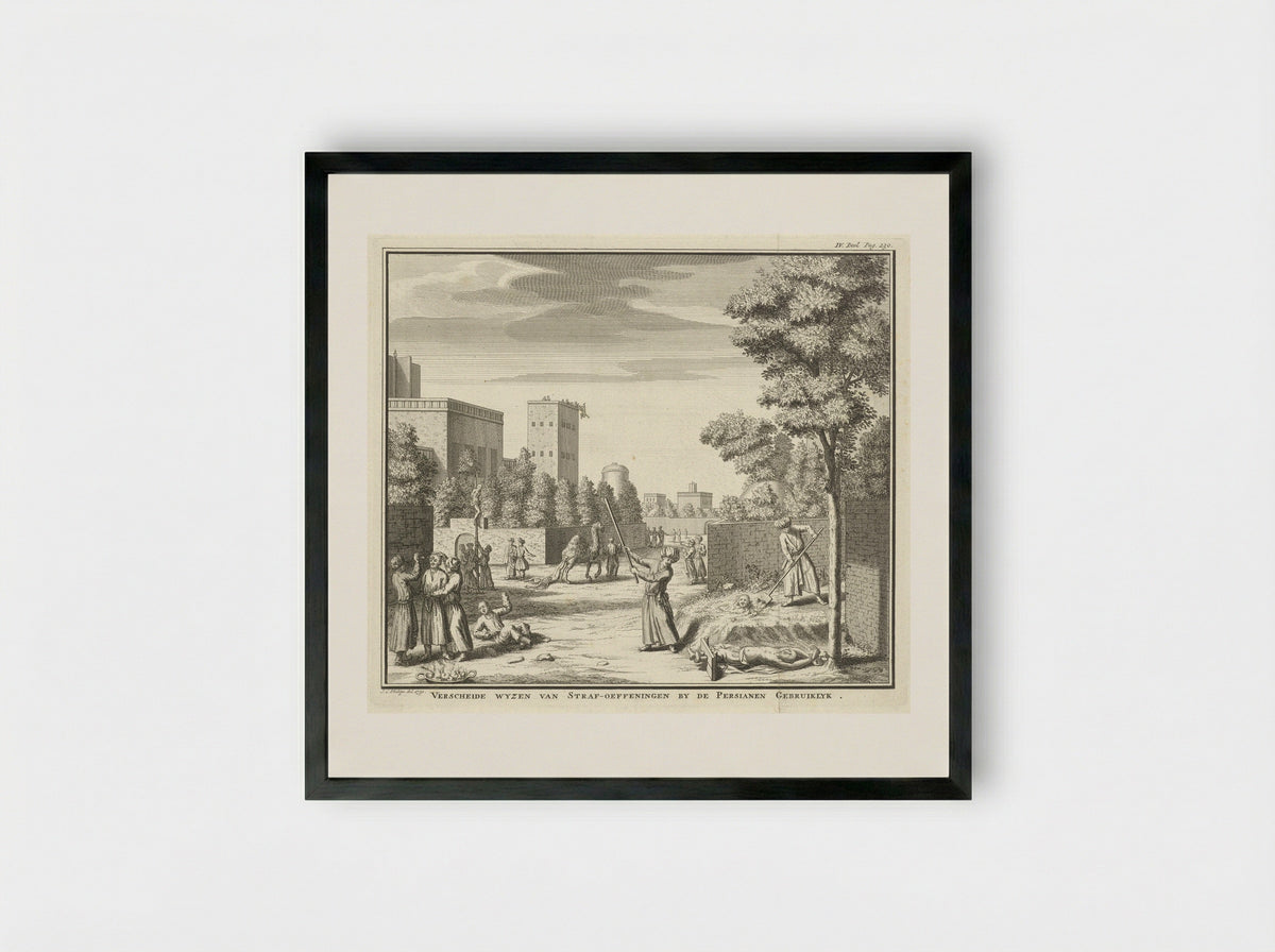 Verscheide wyzen van straf-oeffeningen by de Persianen gebruiklyk - Jan Caspar Philips - Framed Print Black