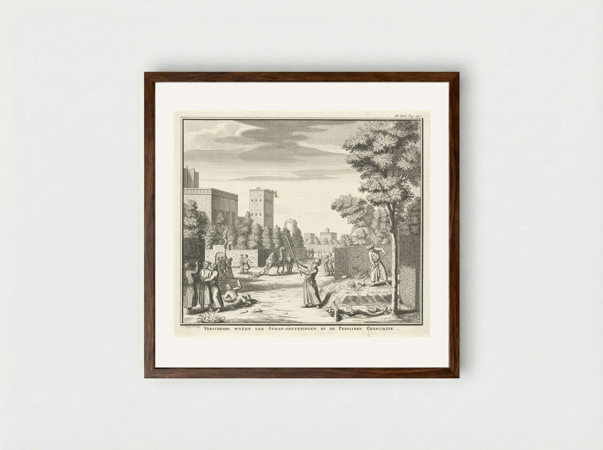 Verscheide wyzen van straf-oeffeningen by de Persianen gebruiklyk - Jan Caspar Philips - Framed Print Dark Wood