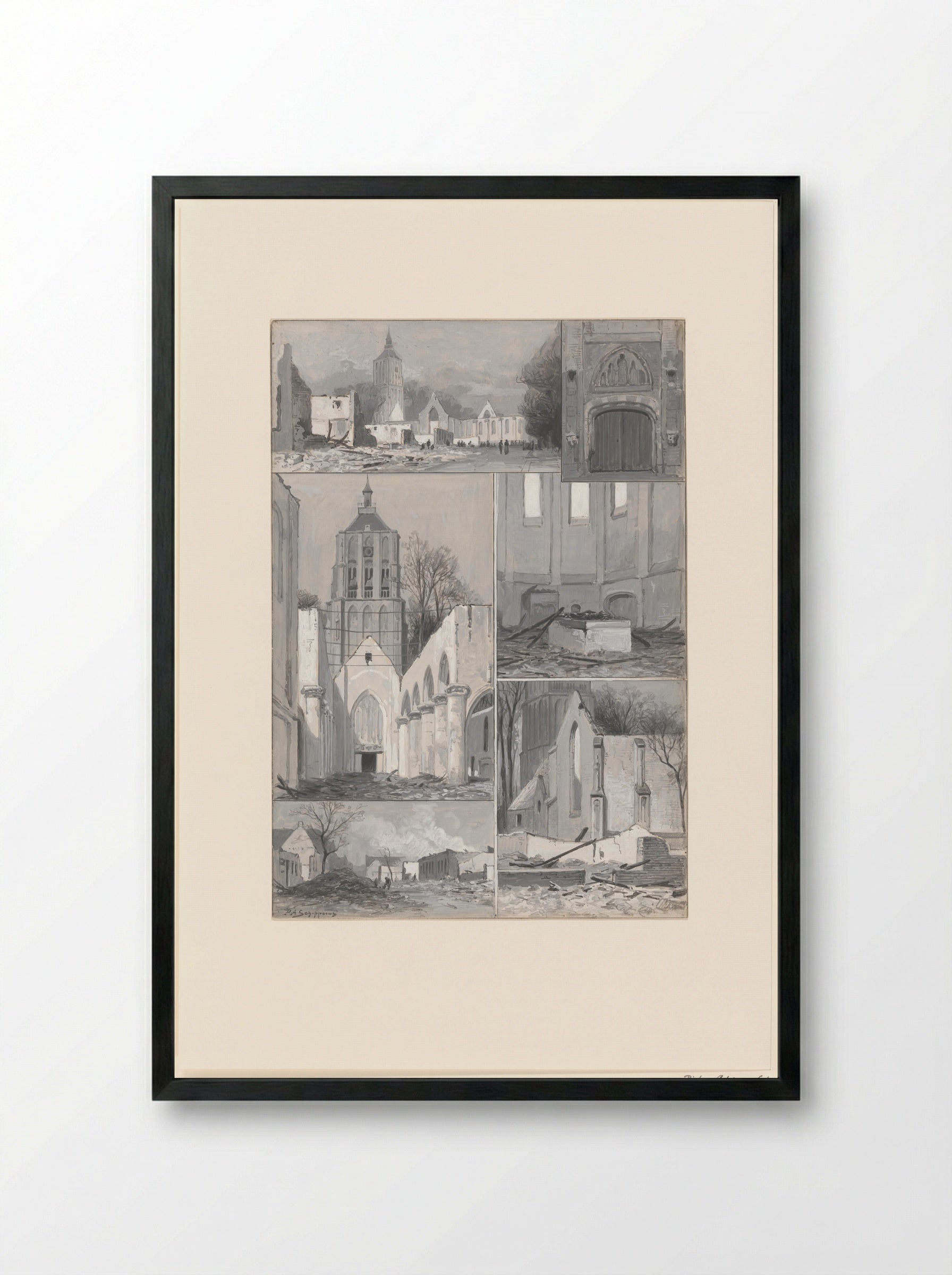 Verschillende gezichten op en in de kerk van Asperen na een brand - Pieter Adrianus Schipperus - Framed Print Black