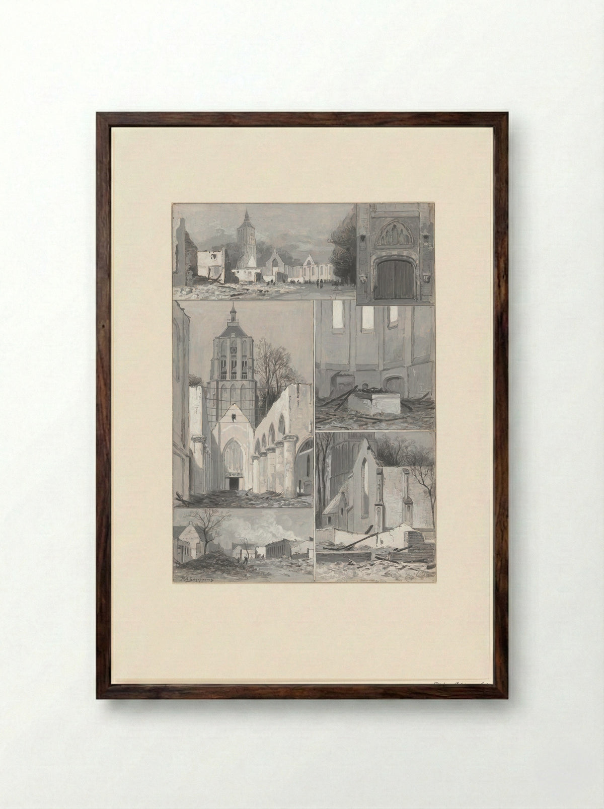 Verschillende gezichten op en in de kerk van Asperen na een brand - Pieter Adrianus Schipperus - Framed Print Dark Wood