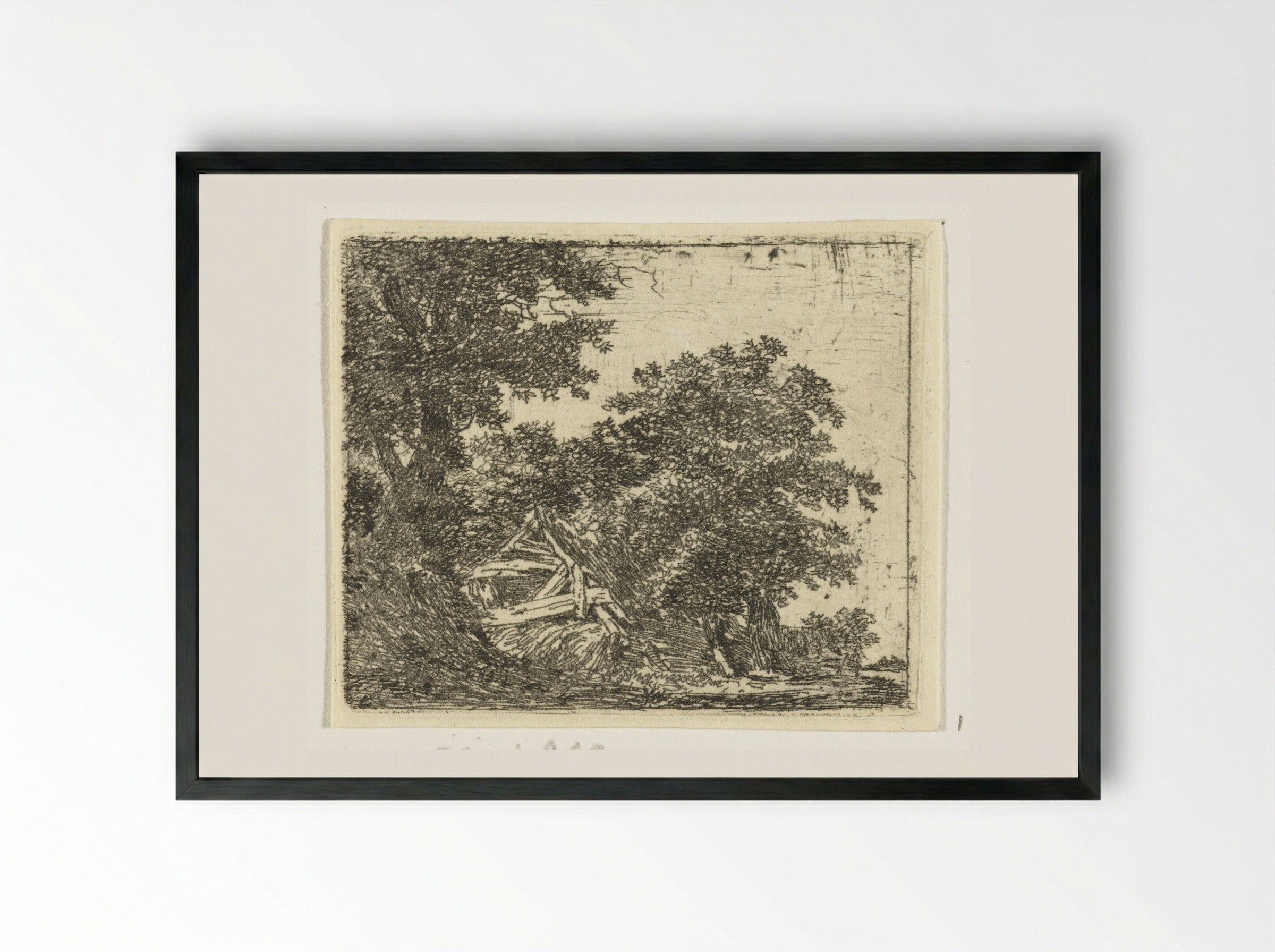 Vervallen hut in bos - Hermanus van Brussel - Framed Print Black