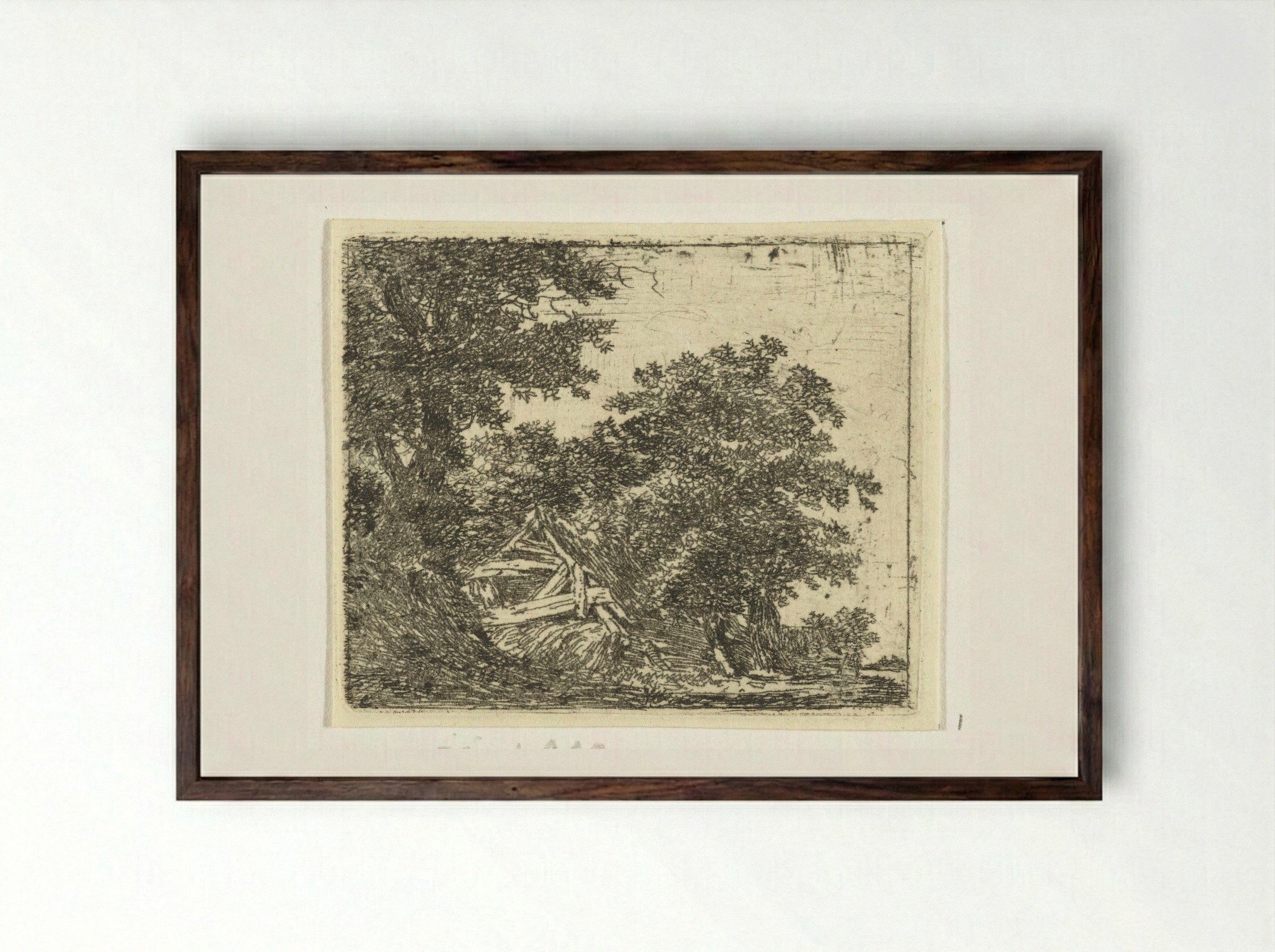 Vervallen hut in bos - Hermanus van Brussel - Framed Print Dark Wood