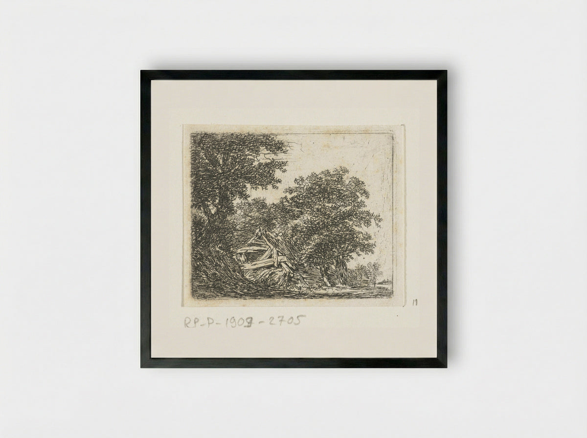 Vervallen hut in het bos - Hermanus van Brussel - Framed Print Black