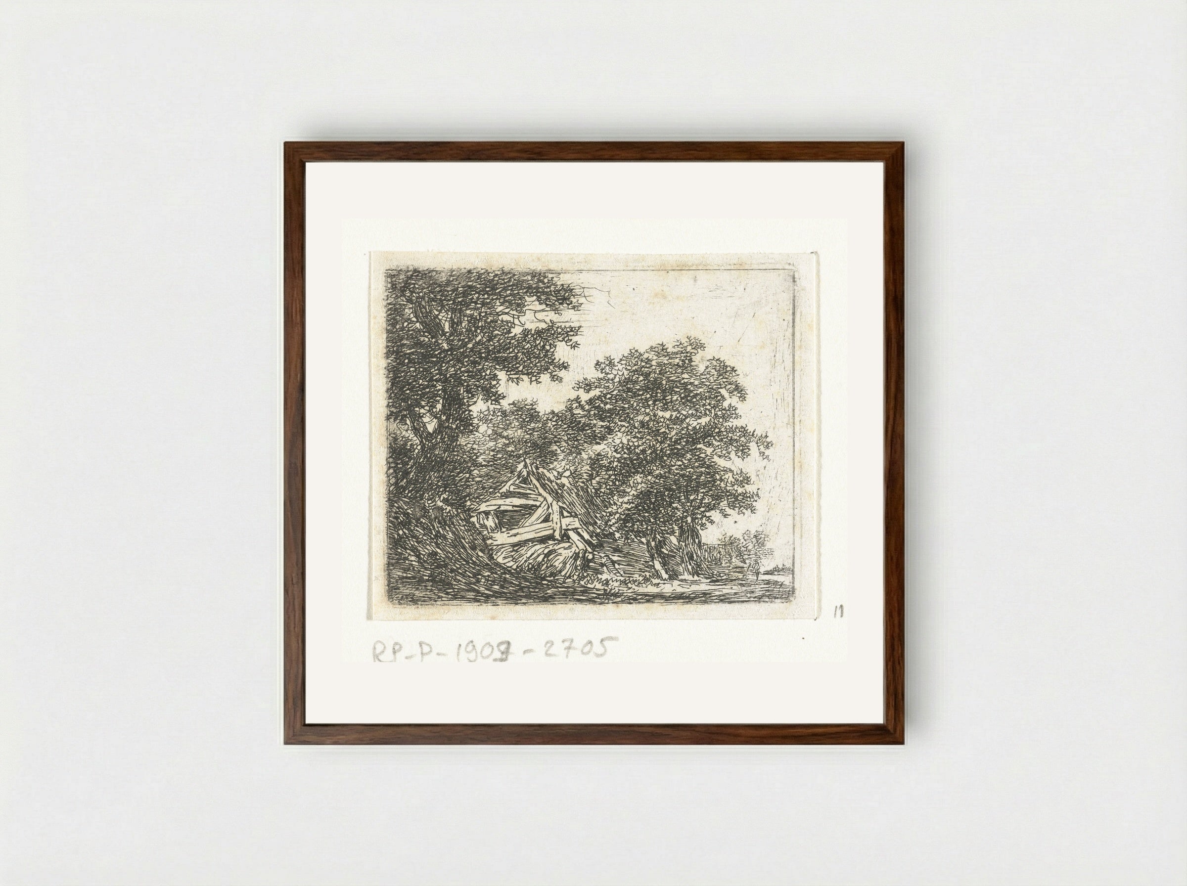 Vervallen hut in het bos - Hermanus van Brussel - Framed Print Dark Wood