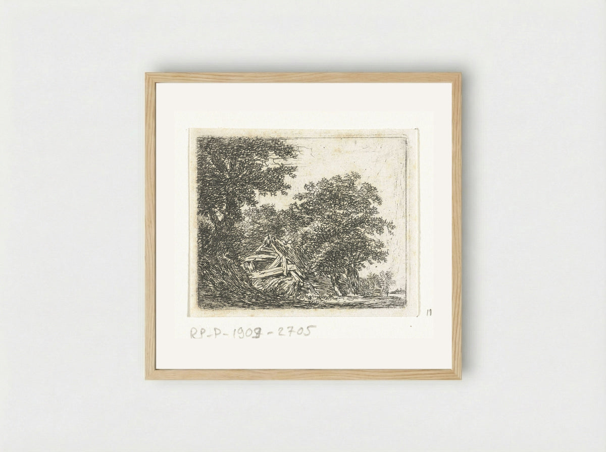 Vervallen hut in het bos - Hermanus van Brussel - Framed Print Wood