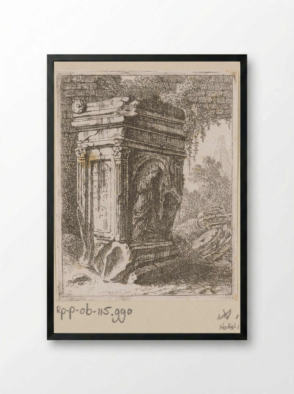 Vervallen monument met vrouwenfiguur - Johann Franz Ermels - Framed Print Black
