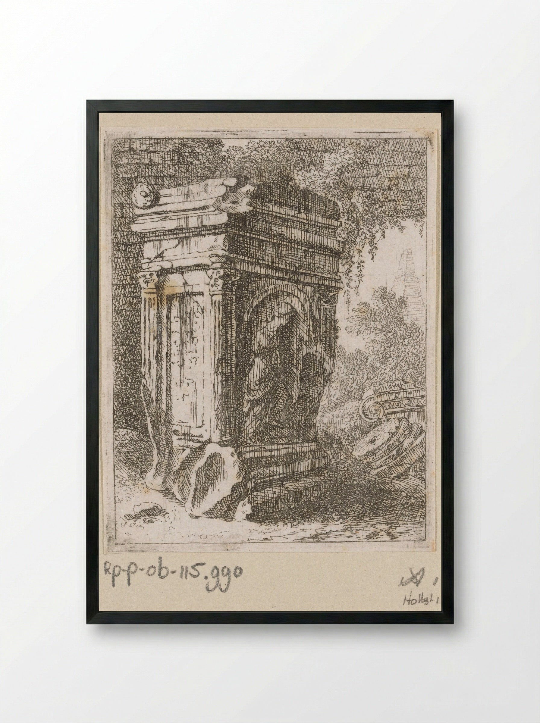 Vervallen monument met vrouwenfiguur - Johann Franz Ermels - Framed Print Black