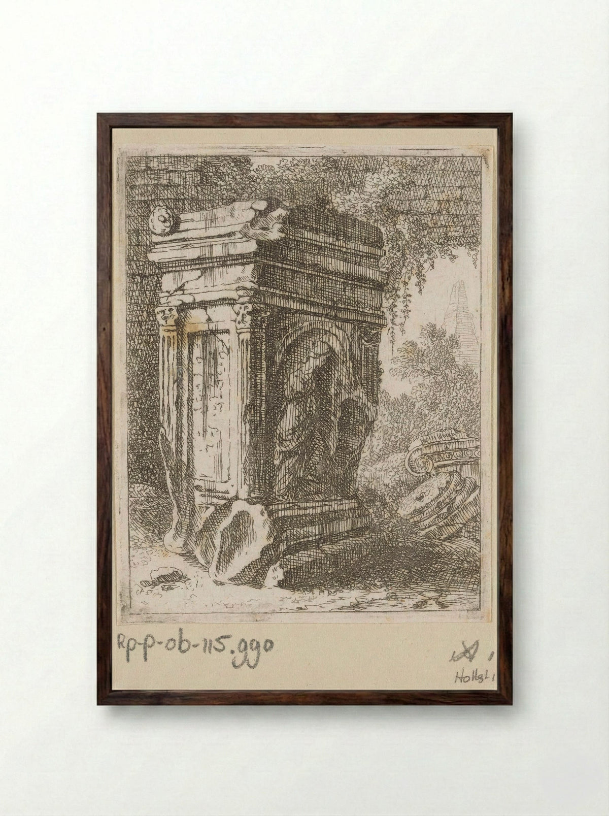Vervallen monument met vrouwenfiguur - Johann Franz Ermels - Framed Print Dark Wood