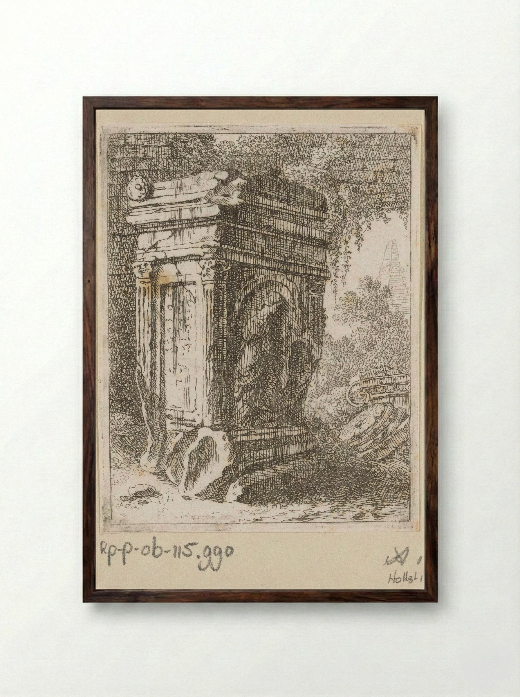 Vervallen monument met vrouwenfiguur - Johann Franz Ermels - Framed Print Dark Wood