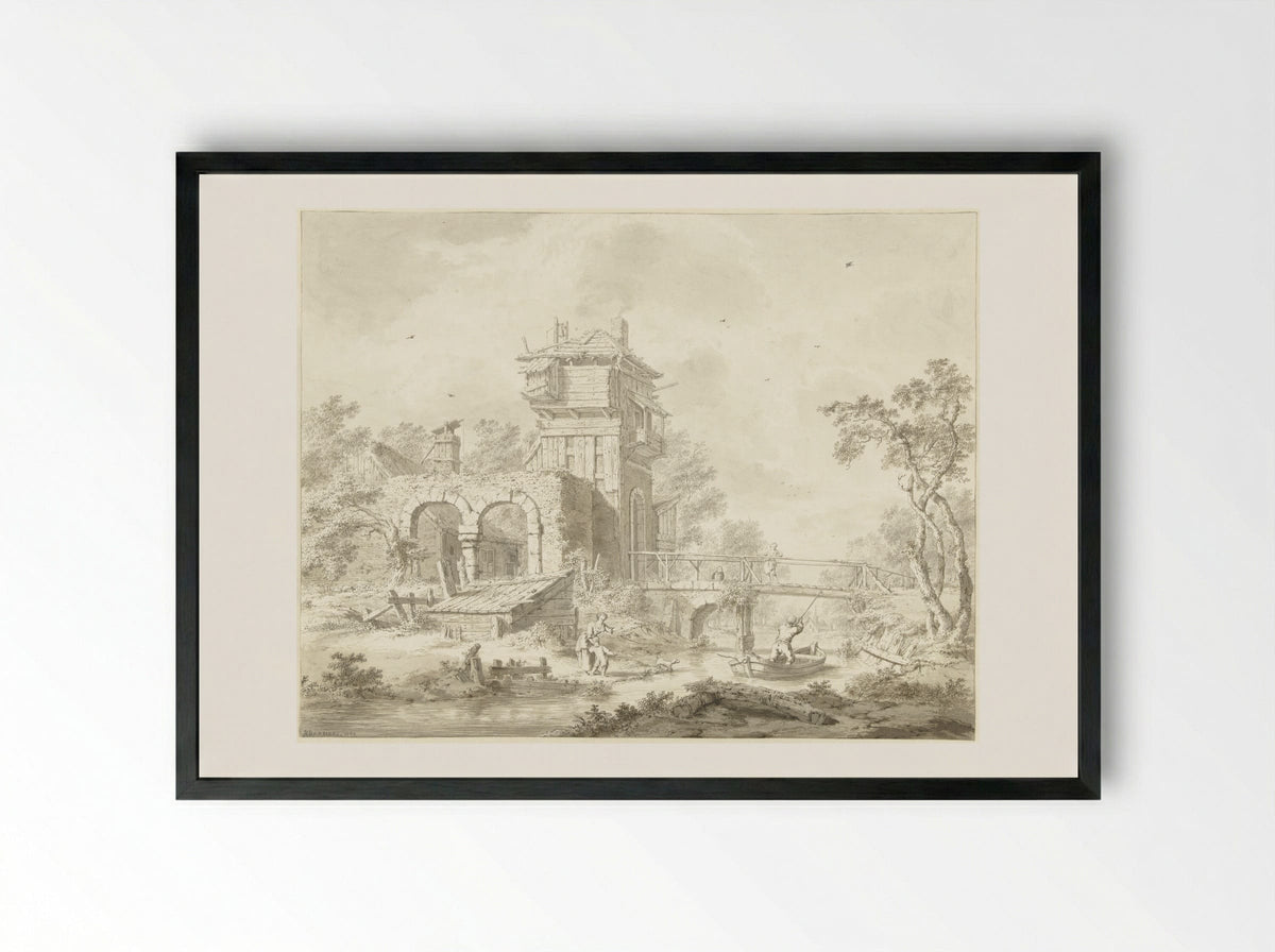 Vervallen poortgebouw met brug - Bartholomeus Barbiers - Framed Print Black