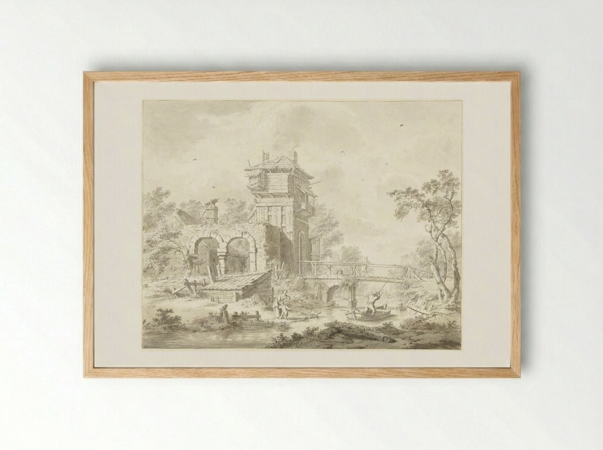 Vervallen poortgebouw met brug - Bartholomeus Barbiers - Framed Print Wood