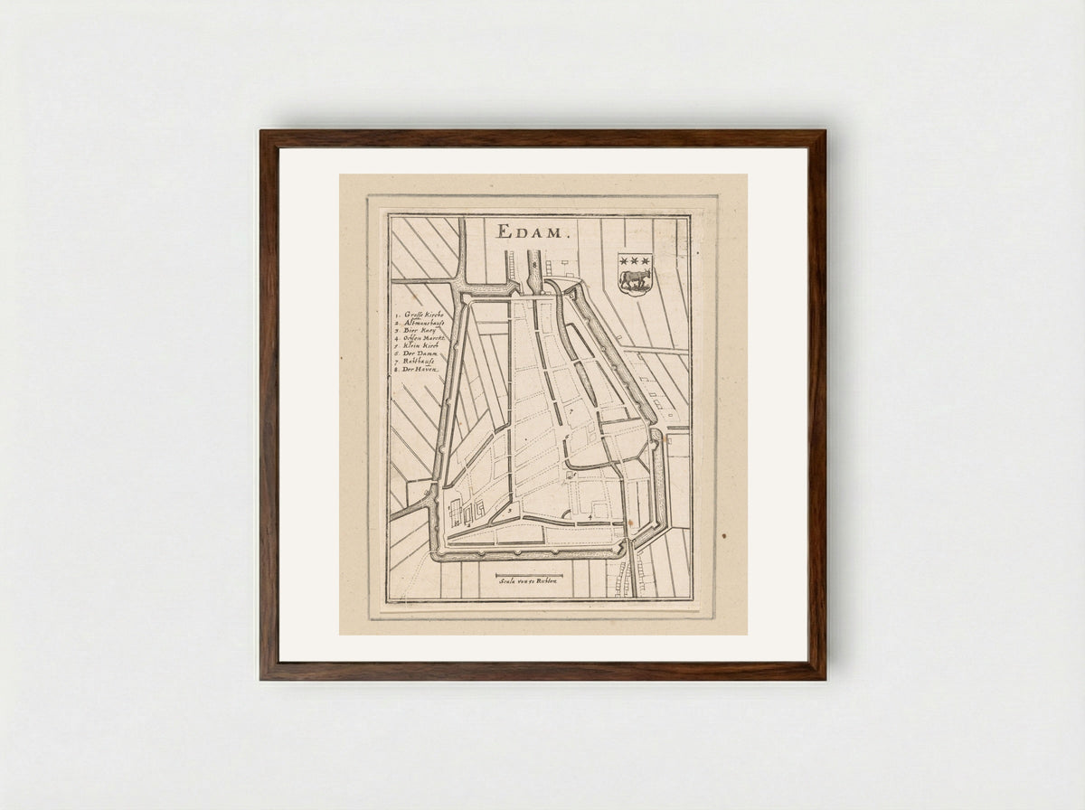Vestingplattegrond van Edam - Caspar Merian - Framed Print Dark Wood